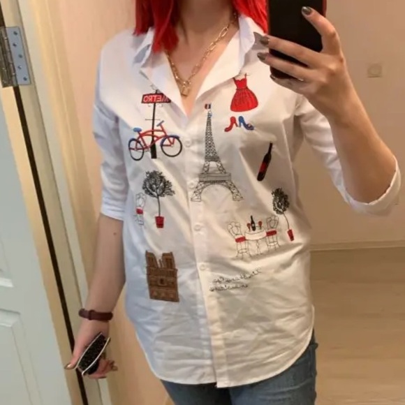 Embroidery Paris Cotton Button Down Top - Picture 2 of 6